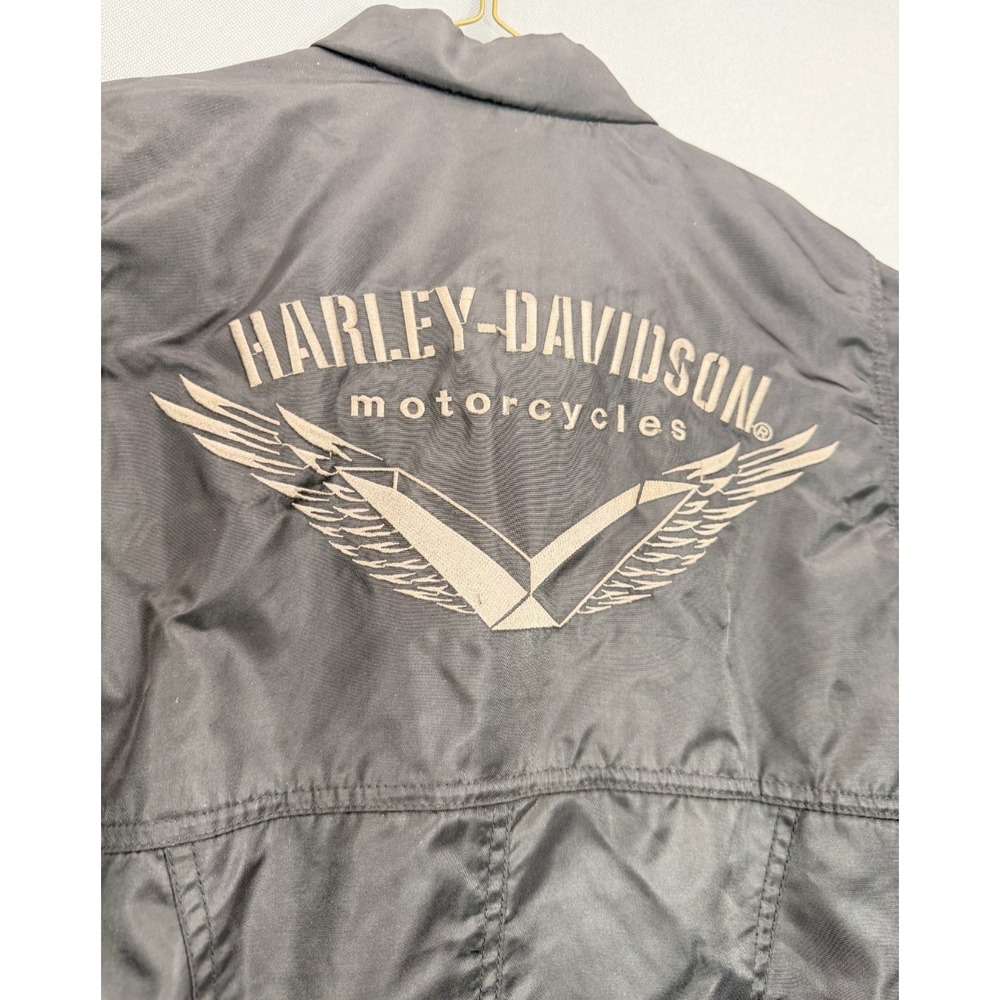 Harley-Davidson Womens Small Black Nylon Moto Bomber Jacket Orange Lining - Picture 10 of 10
